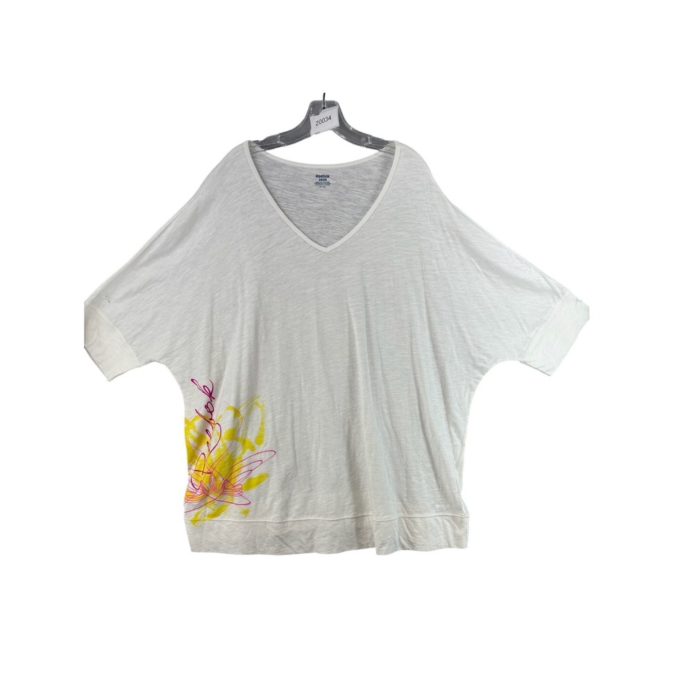 Reebok T-Shirt Womens Sz 26 28 Dolman White Graphic‎ V-Neck Slub Cotton Athletic